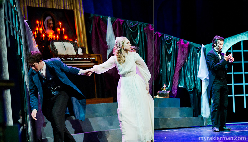 Pioneer Theatre Guild: Phantom of the Opera | The Phantom sets Christine and Raoul free. | The Phantom alone, despairing, regards the ring Christine had returned to him. Eternity winds up being rather shorter than he’d hoped. (Ari Axelrod, Karina Stribley, and Hank Miller)