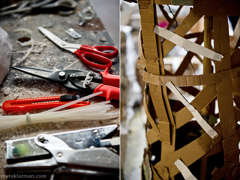 A Mad Dash towards FoolMoon + FestiFools 2012 | A rather photogenic array of tools lying about at the FestiFools studio. | The inner structure of many of the puppets is simply stapled, reused corrugated cardboard.