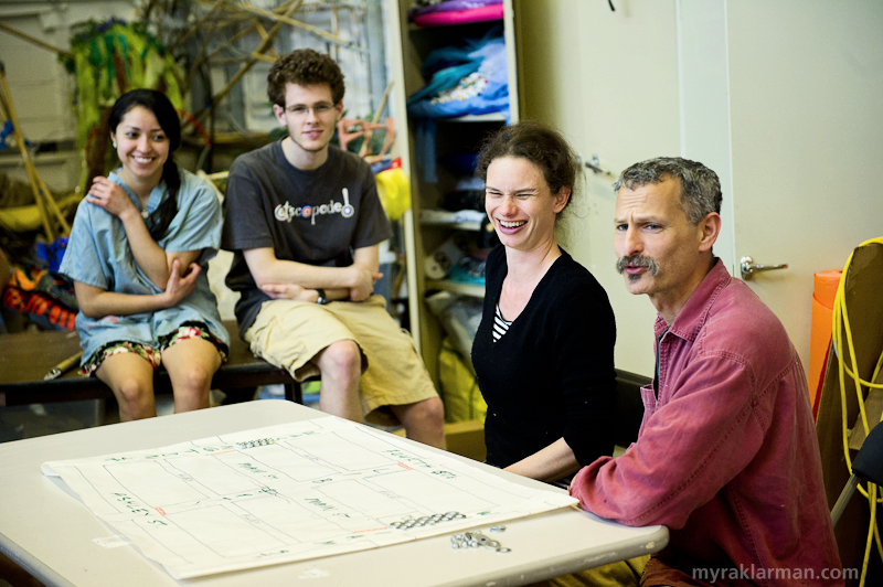 A Mad Dash towards FoolMoon + FestiFools 2012 | Sophia Michahelles and Alex Kahn of Superior Concept Monsters use a map of downtown Ann Arbor to demonstrate how the two groups of puppets will enter Main Street.