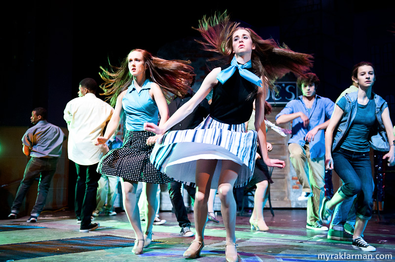 Pioneer Theatre Guild: West Side Story | Jet girls (Molly Cocco and Claire Crause, center) in “Cool.”