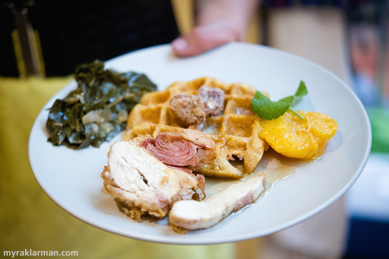Catching Up with Selma Café | Nick‘s special: chicken stuffed with ham, a waffle topped with a maple-bourbon-butter sauce and candied pecans, served with a side of collard greens and home-canned peaches.