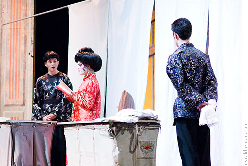 Pioneer Theatre Guild: Thoroughly Modern Millie | The scheming Mrs. Meers attempts to communicate with Ching Ho and Bun Foo (Max Rasmussen, Annemarie Friedo, Joe Siebert)