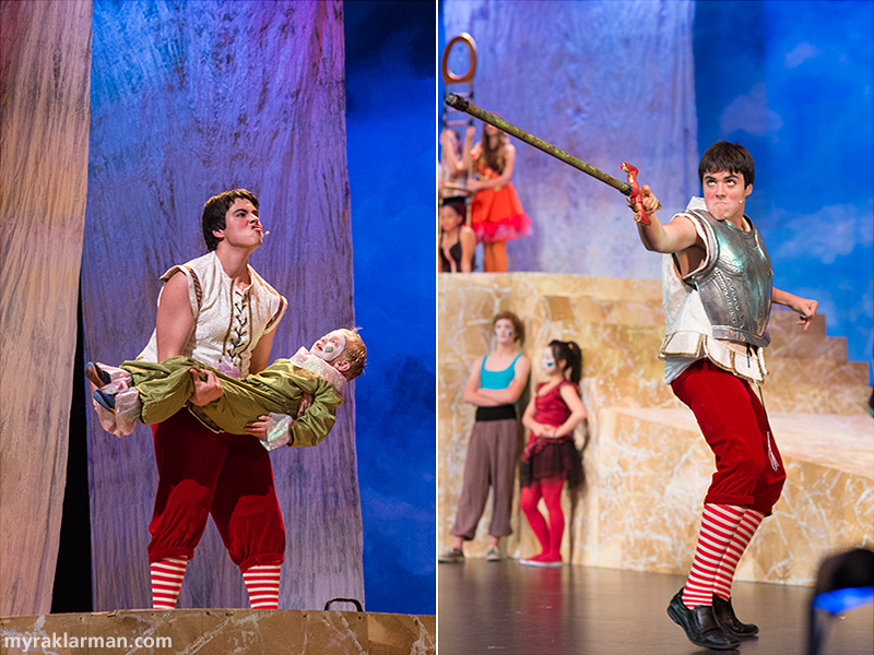 Pioneer Theatre Guild: Pippin | Lewis (Josh Lash) jumps onto the scene and demonstrates his superior manliness by weightlifting a member of the kid troupe and waving his sword around in true warrior fashion.
