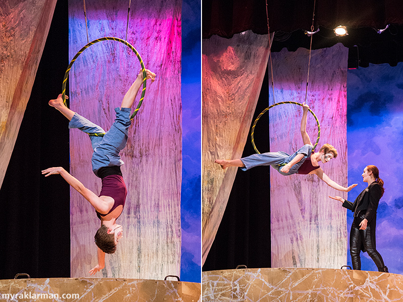 Pioneer Theatre Guild: Pippin | An acrobat troupe member (Griffin Hall) displays his unique talents on the lyra hoop as Leading Player (Emma McGlashen) sings about the simple joys in life.