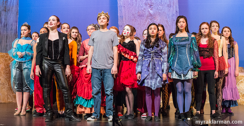 Pioneer Theatre Guild: Pippin | Leading Player (Emma McGlashen) introduces newly appointed King Pippin (Oren Steiner).