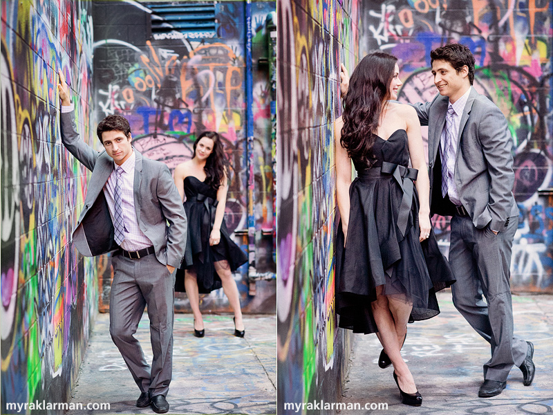 Tessa Virtue + Scott Moir: Fall 2013 Shoot | Holding their own, even in the visual cacophony of “Grafitti Alley.”