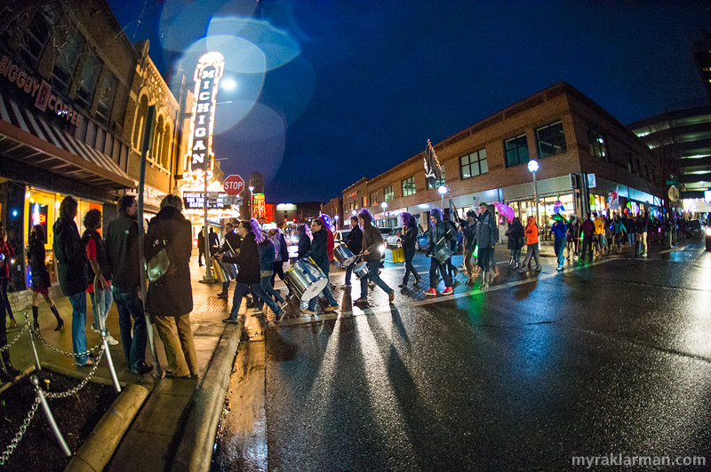 FoolMoon 2014 | The quasi-damp — but not at all dampened — luminary processional that started at the UMMA makes its way towards downtown.