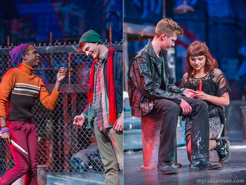 Pioneer Theatre Guild: Rent | The first glimpses of falling in love are shown in these two shots: Angel and Collins (Robbie Stephens and Caleb Horvath) in “You Okay, Honey?” | Roger and Mimi (Nathan Stout and Olivia Roumel) in “Light My Candle.”