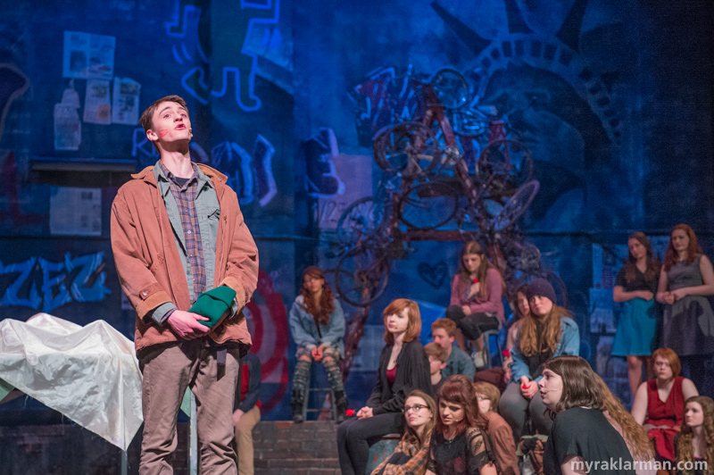 Pioneer Theatre Guild: Rent | Tom Collins (Caleb Horvath) shares his love and heartbreak over Angel’s death in “I’ll Cover You (Reprise).” There wasn’t a dry eye in the audience or on the stage — or backstage, for that matter.