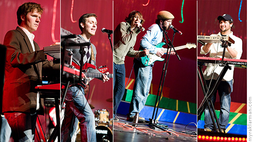 FutureStars 2008 | Ann Arbor’s own My Dear Disco entertained the audience while the votes were tallied. The group is comprised of seven University of Michigan School of Music students (l-r): Tyler Duncan, Bob Lester, Michelle Chamuel, Theo Katzman + Mikey Malis (subbing for Joey Dosik). Two of the band members were apparently camera shy (apologies to Christian Carpenter + Mike Shea).