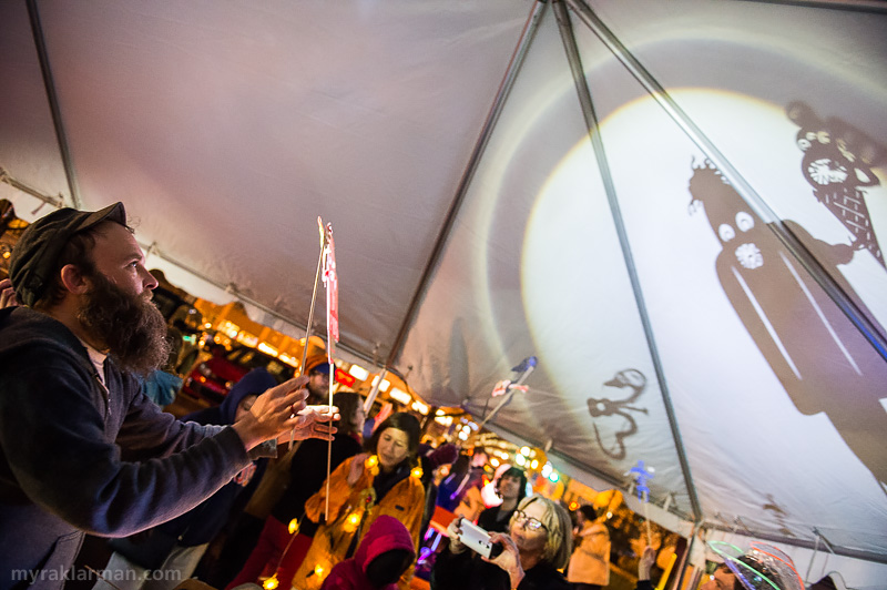 FoolMoon 2015 | We dart over to a second set of tents across Ashley St, and find shadow puppet artist Patrick Elkins.