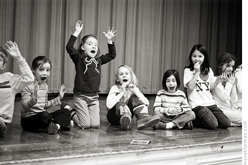 Auspicious Beginnings | Brigadoon (2005) | The first and second graders rehearse in the Burns Park Elementary School auditorium. They were practicing being startled. 