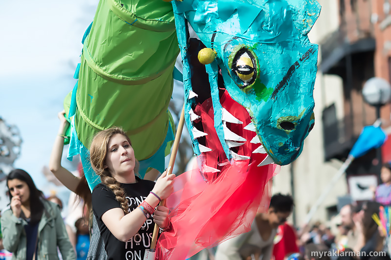 FestiFools 2015 | One of three stunning heads on this fire-breathing dragon. (This woman should really be wearing asbestos mittens.)
