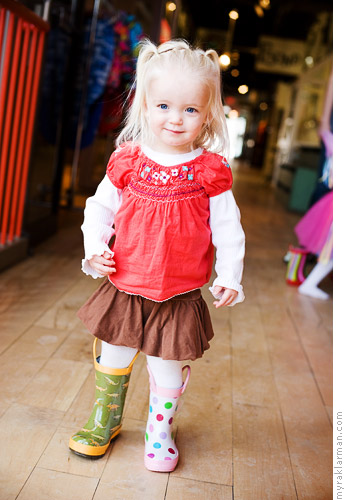 Make-A-Wish: Princess Izzy | While Izzy changed into her next outfit, li’l sis Ryan modeled some boots that Elephant Ears had on display. Ryan likes to mix and match.