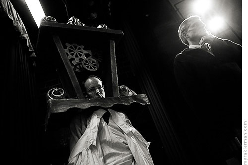 Burns Park Players: Beauty and the Beast | My favorite shot of the series: Jay Pekala (both personally and as Cogsworth) is somewhat ambivalent about the burden on his shoulders, while Clinch Steward (Lumiere) is awash with light. 