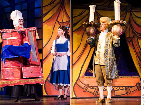 Burns Park Players: Beauty and the Beast | Madame de la Grande Bouche (the Wardrobe) offers Belle a favorite gown. | Lumiere, in full costume, was positively dashing. [Dawn Korman, Karen Ostafinski Hulsebus, and Clinch Steward]