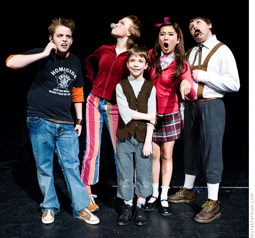 Pioneer Theatre Guild: Willy Wonka (Publicity Shoot) | The four naughty children with Charlie Bucket (Milo Tucker-Meyer).