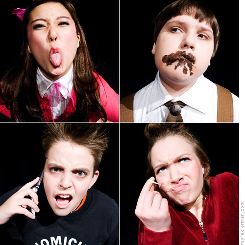 Pioneer Theatre Guild: Willy Wonka (Publicity Shoot) | The four naughty children (clockwise from upper-left): Veruca Salt (Ashley Park), Augustus Gloop (Kiel Lerch), Violet Beauregarde (Clare Eisentrout), and Mike Teavee (Schuyler Robinson).