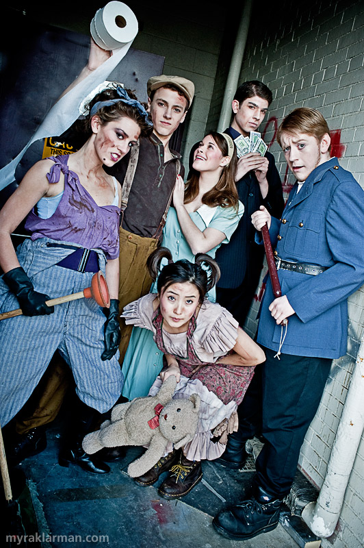 Pioneer Theatre Guild: Urinetown (Publicity Shoot) | L-R: Penelope Pennywise (Emily Steward), Bobby Strong (Robby Eisentrout), Hope Cladwell (Mara Abramson), Caldwell B. Cladwell (Robert Axelrod), Officer Lockstock (Rory Scott), and Little Sally (Ashley Park).