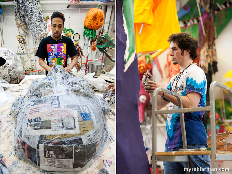 Marching towards FestiFools 2009 | Eric Jarrett applies gluey strips of newspaper to the president’s face. We HOPE and BELIEVE that the puppets will be ready by April 5. Yes We Can! | Dave Roston is 100% focused on achieving the perfect, Platonic eggplant.