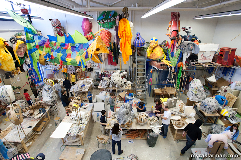 Marching towards FestiFools 2009 | The FestiFools studio abuzz — puppets emeriti oversee this year’s work.