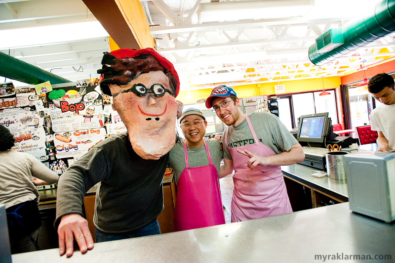 Here’s Waldo | Waldo found the “Bop” in Bi Bim Bop @ Kosmo! Chillin’ with his pals Don Kwon and Evan Cave.