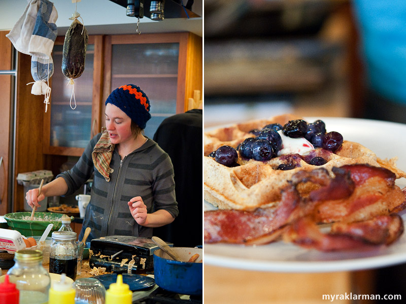 Selma Café: April 24, 2009 | Volunteer Kate Daum worked overtime on the waffle iron, going through several batches of batter. | The fruits of Kate’s labor, served with blueberries and bacon strips.