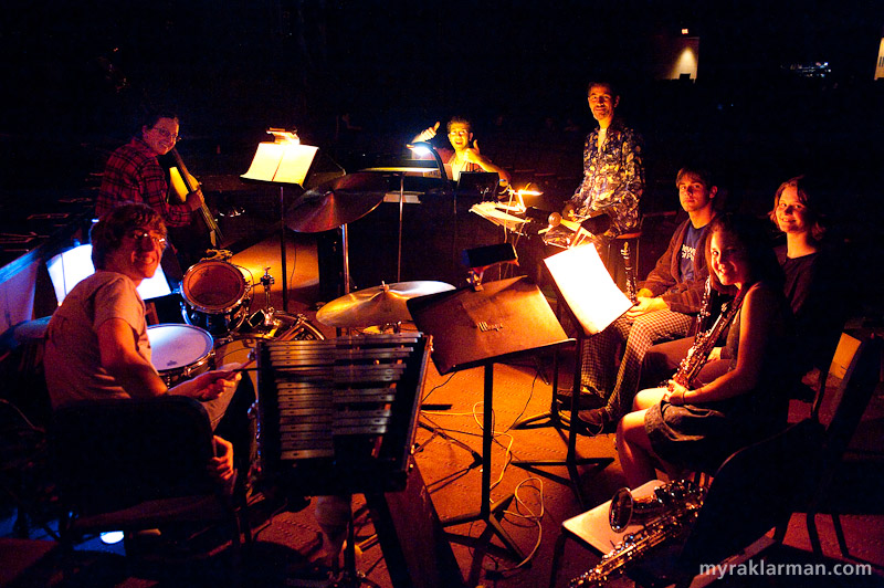 Pioneer Theatre Guild: Urinetown | The Pit, clockwise from bottom left: Ryan Yunck, Gillian Golden, Tim VanRiper, David Perample (conductor), Andrew Koeppe, Jennifer Woolley, Hope Wilson (not shown), Julia Markey, and Dan Siler (not shown). 