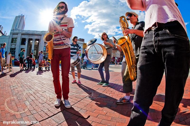 First Friday: Ann Arbor Summer Festival 2009 | NOMO on the scene with their brassy, percussive goodness — just before they ushered us all to the Ingalls Mall for the premiere evening at Top of the Park. This was the first time I’d heard NOMO, and I’ve definitely added them to the list of my favorite locally-based (but globe-trotting) bands. 