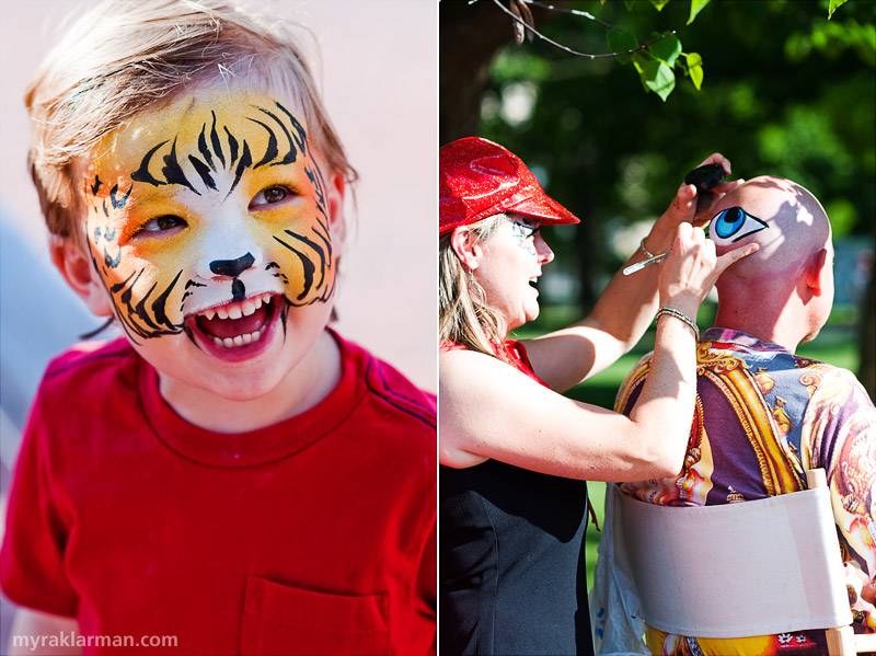 First Friday: Ann Arbor Summer Festival 2009 | A cuter tiger there never was. | Robert Marshall, who later led the procession to Ingalls Mall, gets a big eye installed in the back of his head. Better to see us all!