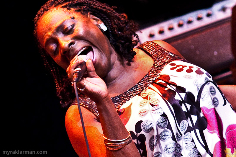 Ann Arbor Summer Festival 2009 | I had to crop this one super-close: Sharon Jones has soul to spare! The Dap-Kings were keepin’ the groove sick and tight. This was far and away Rico’s and my favorite Mainstage act. Get your soul-fix here.