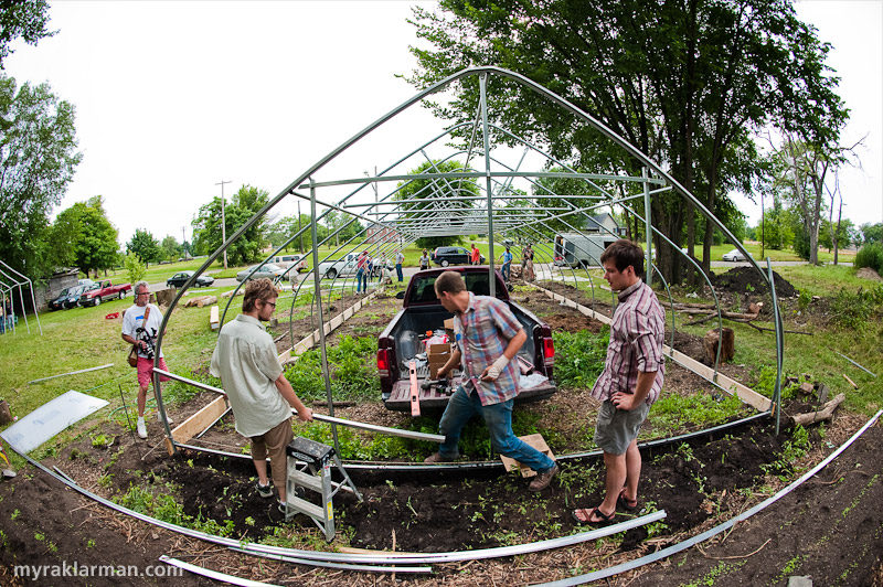 Hoop House Dreams | An overview of the hoop house in progress, with some of the 40 volunteers who helped build it.