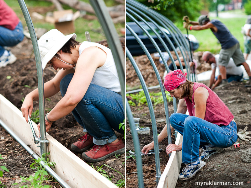 Hoop House Dreams | Heidi Kumao (left) and Sunny Kawenski bolt the metal frame to the wooden base.