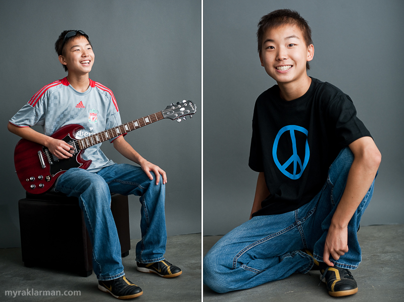 Make-A-Wish: Laurence Carolin Totally Rocks! | Laurence’s mom, Lisa Carolin, told me that the image on the left is her favorite of all the shots I took of Laurence. We photographed Laurence with one of his guitars and his favorite soccer jersey for the Liverpool Football Club. Of course we talked about U2, and Laurence re-enacted (accents and all) the voicemail message he had just received from Bono and The Edge. 