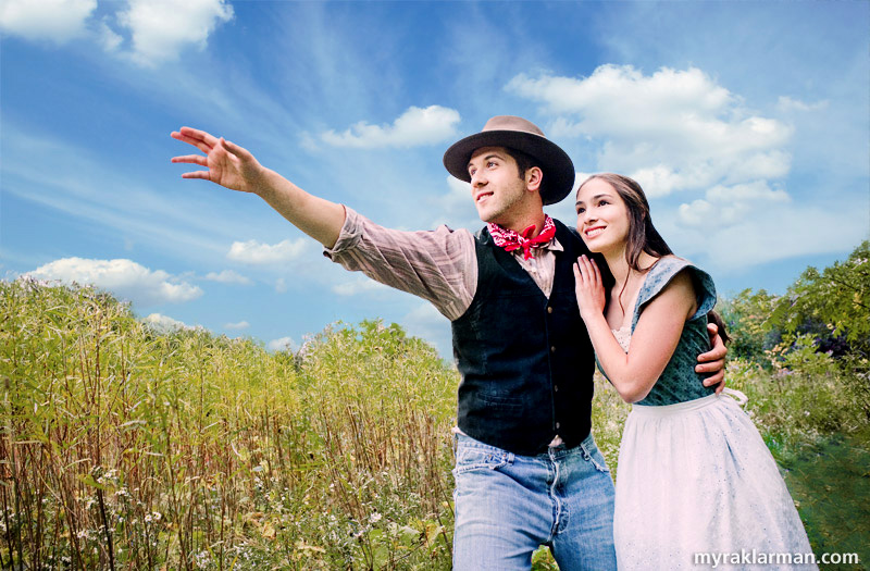 Pioneer Theatre Guild: Oklahoma! (Publicity Shoot) | Tim Van Riper and Lydia Hiller imagine “The Surrey with the Fringe on Top.” What you see here involved some pretty complex post-production, but I won’t bore you with all the details. As I wrote above, all these shots were taken under dark, foreboding clouds, literally minutes before a drenching cloudburst. So, lest you’ll think me a liar, I must explain one detail: the lovely blue sky with puffy/streaky clouds was accomplished by compositing a stock image of the sky with my original, gray-sky image — et voilà!