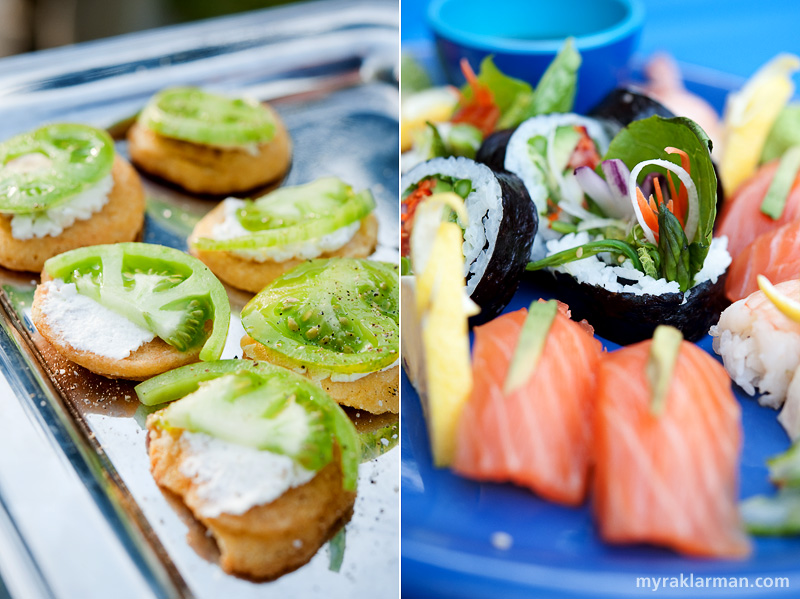 Bona Sera Supper Club | Miniature ho' cakes topped with green zebra heirloom tomatoes (from the Bona Sera garden) and farm cheese. |  Tracklements generously donated the smoked salmon for the sushi. 