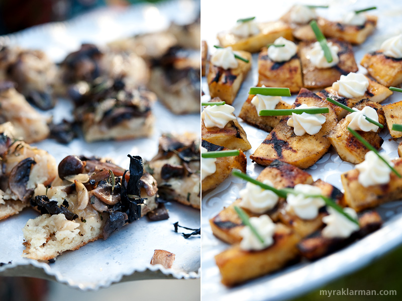 Bona Sera Supper Club | Truffle oil focaccia with black trumpet mushrooms (from Seattle). | Grilled plantain with crème fraîche and chives. 