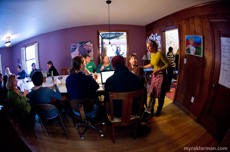 Happy 1st Birthday Selma Café: February 19, 2010 | Lisa greets guests at the “big table.”