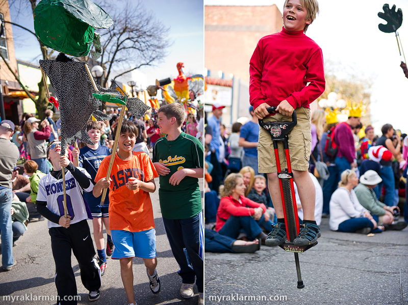 FestiFools 2010 | Fifth-grade boys from Burns Park Elementary carry the alien puppet they created. | Many “freelancers,” such as this young, pogo stick–jumping Fool, joined the party. 