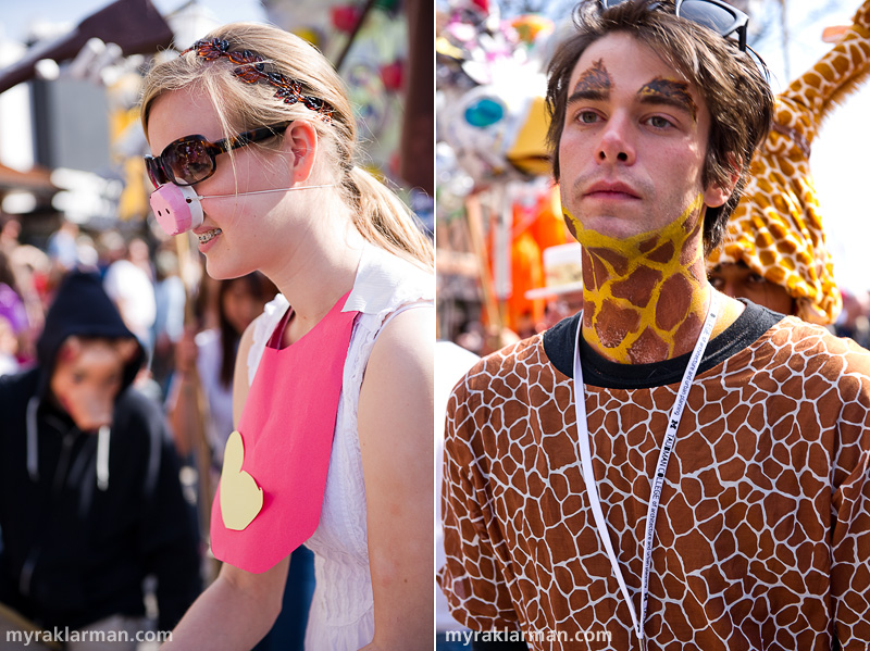 FestiFools 2010 | I wonder what this U-M student thought about that bacon-and-eggs puppet. | This giraffe was masquerading as U-M student Gabriel Tourek. 