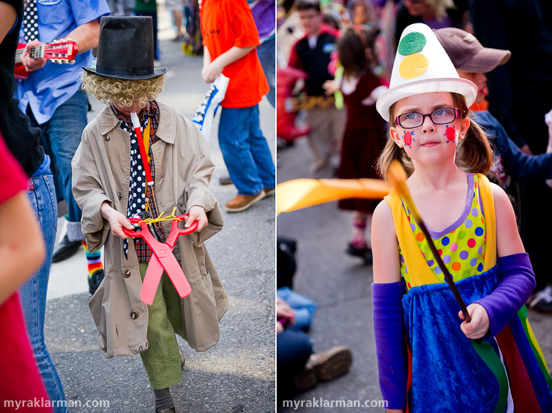 FestiFools 2010 | Max and Harpo are cut from the same cloth! Which reminds me: huge love to Lisa Gottlieb for expertly tailoring — at the eleventh hour, mind you — this adult-size trench coat to fit Max. | Amelia Marx and her classmates from Summers-Knoll School were delightful additions to FestiFools. 