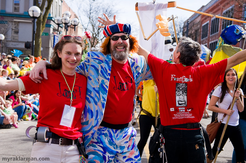 FestiFools 2010 | Mark Tucker, FestiFools’ creative director, customized his suit à-la–Van Gogh. He pauses for a photo with Sophia Michahelles and Alex Kahn’s back. Sophia and Alex, of Superior Concept Monsters, worked with students and volunteers in the final days leading up to FestiFools.