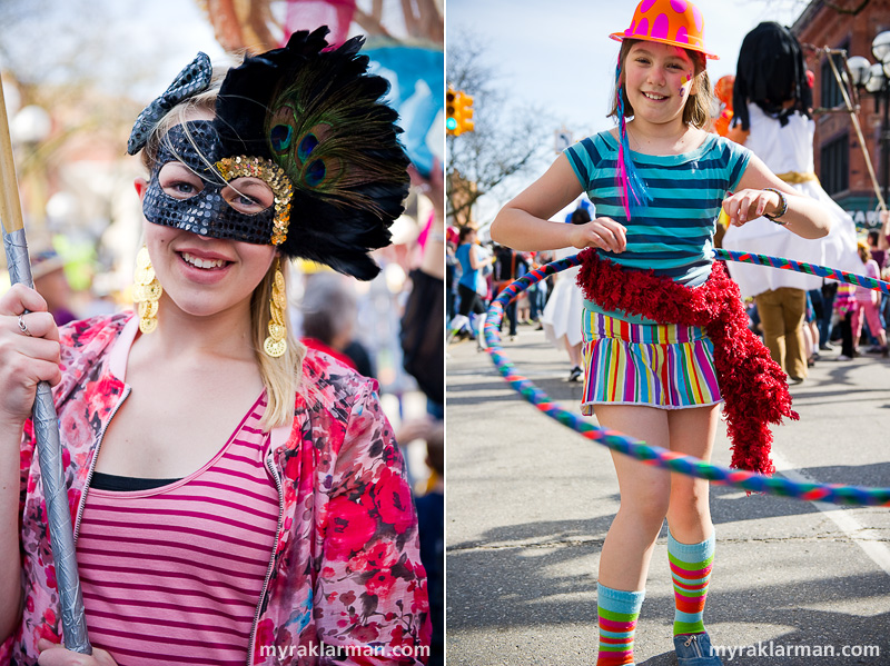 FestiFools 2010 | Pioneer High School student Alice Carlson carries a puppet she collaborated to create. | Grace Kaufer, a Hebrew Day School student who helped create several puppets, finds space to hula hoop. 