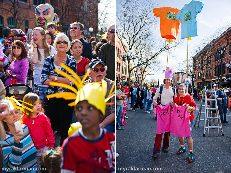 FestiFools 2010 | One of the elder-statesmen of FestiFools puppets (he was shakin’ his groove thing back at that very first street party in 2007) looks on approvingly at this year’s event. | Linda Lombardini and her son Jason Frenzel Wright are well-equipped to hawk FestiFools t-shirts. 