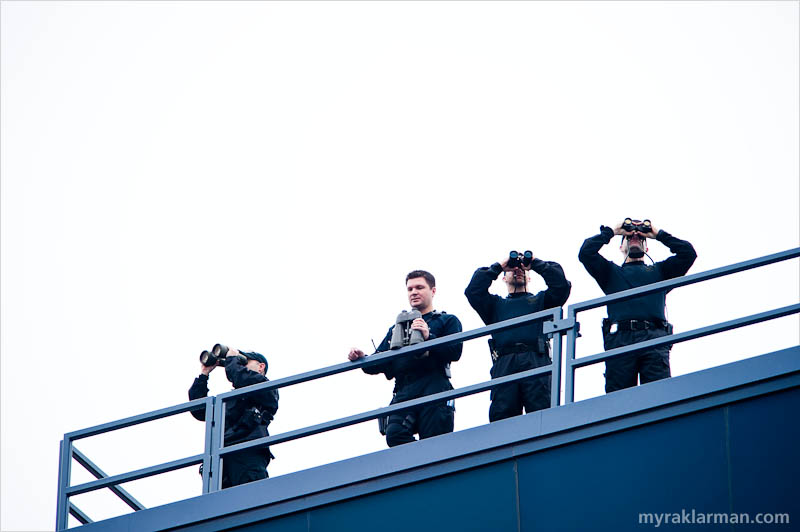 President Obama @ UM Commencement 2010 | This was one of (at least) two teams of very serious–looking dudes positioned on the stadium roof. I didn’t see any of them wielding sniper rifles, but I wouldn’t be surprised if they had them close at hand. I certainly don’t envy the hermetic security under which all U.S. presidents (unfortunately) must live.