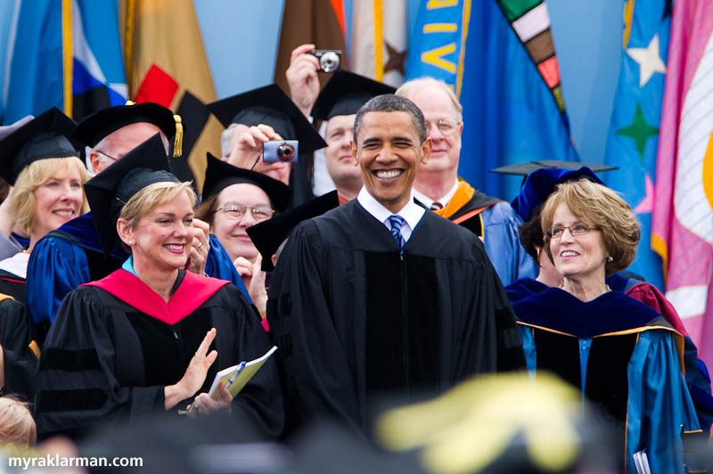 President Obama @ UM Commencement 2010 | President Obama flanked by Governor Jennifer Granholm and UM President Mary Sue Coleman.