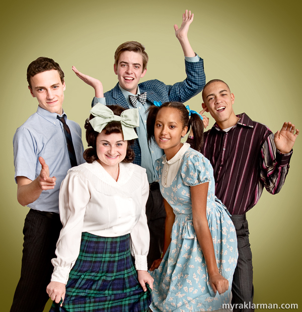 Pioneer Theatre Guild: Hairspray (Publicity Shoot) | L-R: Link (Robby Eisentrout), Tracy (Grace Gilmore), Corny Collins (Schuyler Robinson),  Lil’ Inez (Maimouna Jammeh), and Seaweed (Tre Brown).