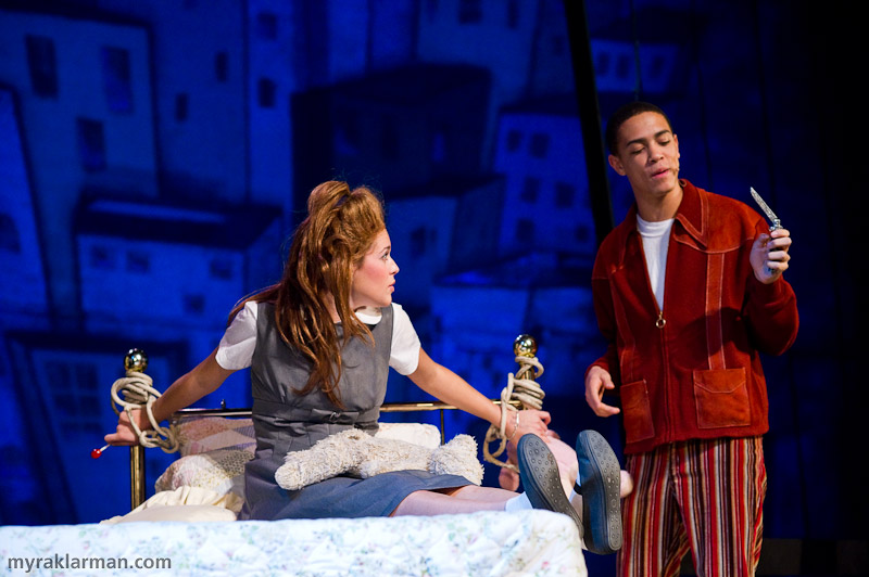 Pioneer Theatre Guild: Hairspray | Seaweed frees Penny after her mother tied her to the bed post. I love how Penny has her lollypop in one hand and her teddybear in the other. (Mara Abramson and Tre Brown)