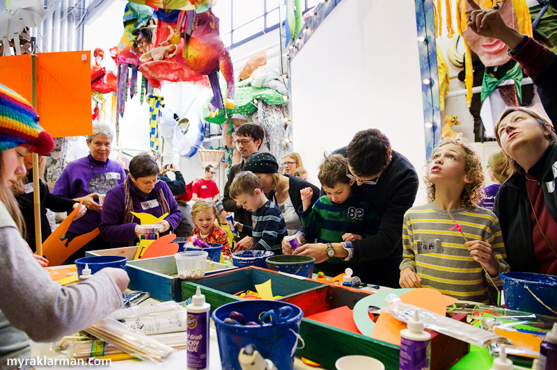 Marching towards FoolMoon + FestiFools 2011 | For the past few years, the start of puppet-building season has been celebrated with a favorite, friend-raising event in February for donors and volunteers: Puppets + Pancakes! Kids, big and small, created shadow puppets at the FestiFools studio. (Not pictured: Flapjacks were consumed, as were waffles and fresh fruit.)