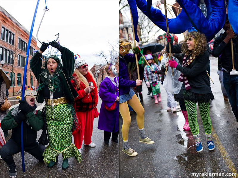 FestiFools 2011 | These two fully embraced the water theme: while snorkling on Main St., Eric Cooper hooks a lovely mermade (Trudi Cooper). | I loved the jumping octopus wranglers. 